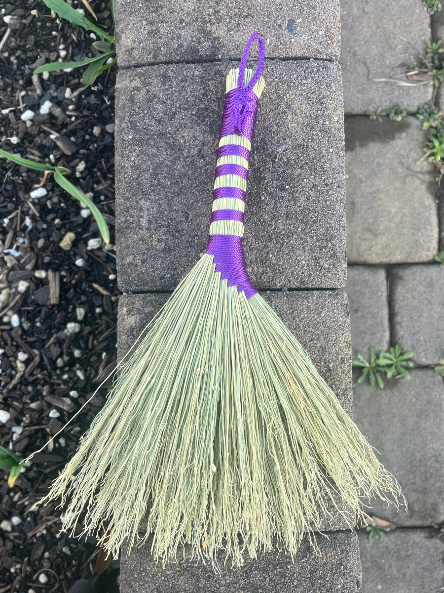 Handmade Hen Wing Hand Broom 12", Purple Handle with Hanging Loop, Glass Star Bead Charms - Image 7