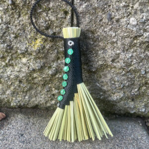 Handmade Small Hen Wing Broom, Black Handle with Loop, Uranium Glass Bead Details