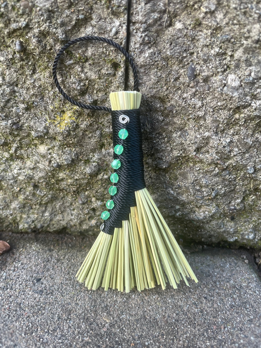 Handmade Small Hen Wing Broom, Black Handle with Loop, Uranium Glass Bead Details