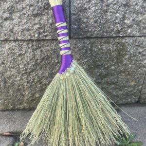Handmade Hen Wing Hand Broom 12", Purple Handle with Hanging Loop, Glass Star Bead Charms
