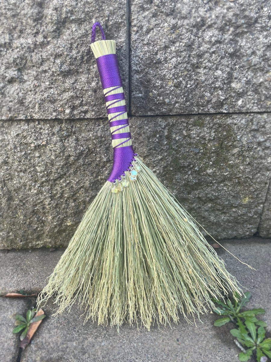 Handmade Hen Wing Hand Broom 12", Purple Handle with Hanging Loop, Glass Star Bead Charms