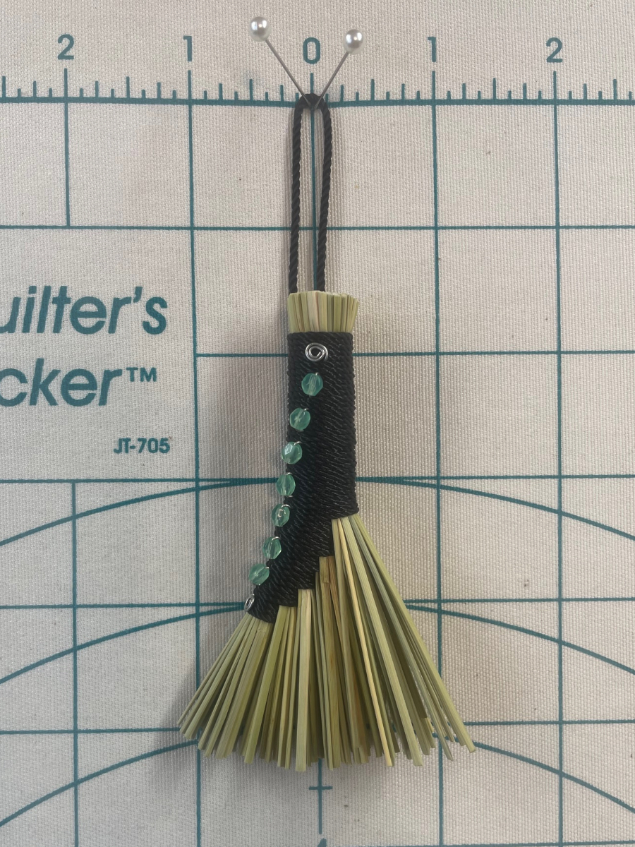 Handmade Small Hen Wing Broom, Black Handle with Loop, Uranium Glass Bead Details - Image 7