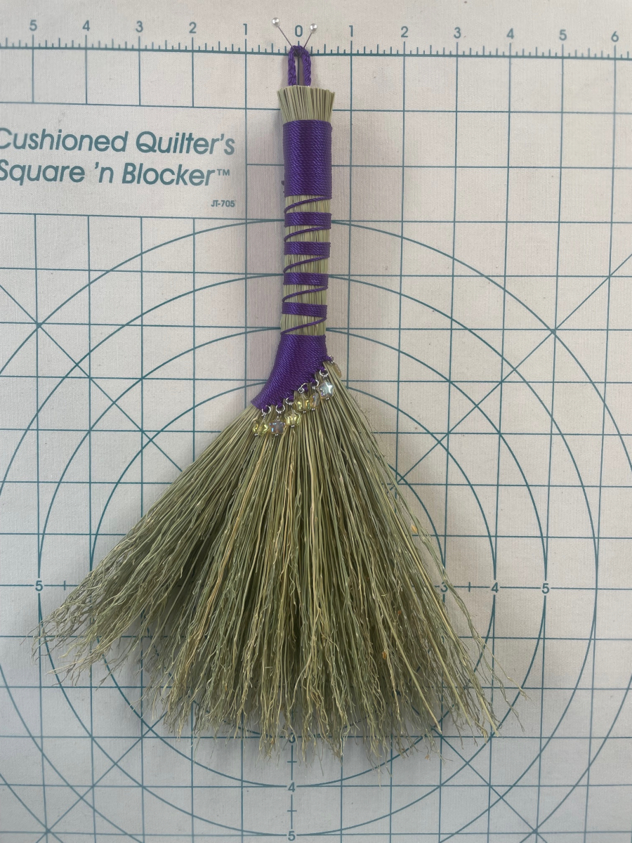 Handmade Hen Wing Hand Broom 12", Purple Handle with Hanging Loop, Glass Star Bead Charms - Image 8
