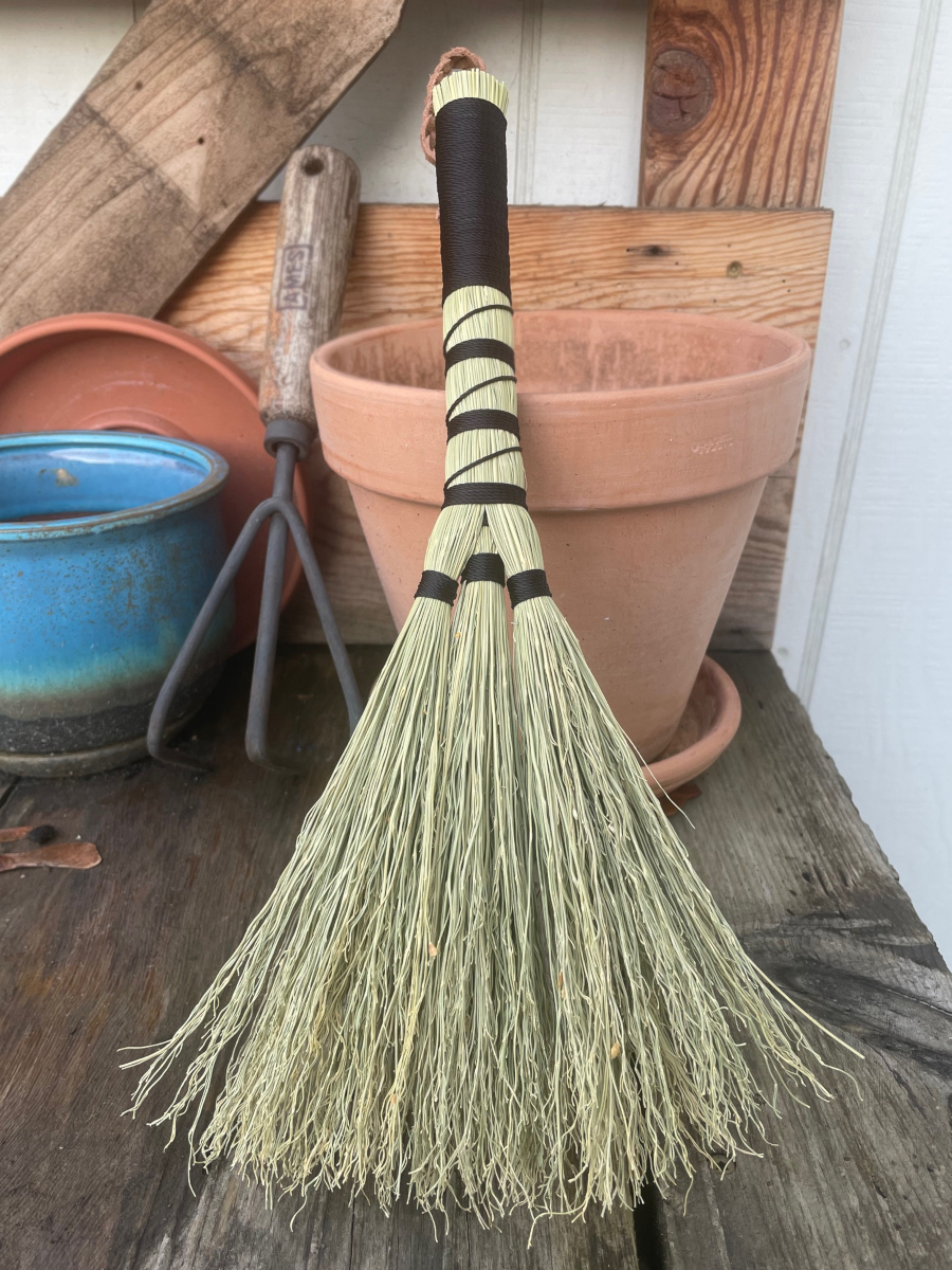 Handmade Triple Base Hand Broom with Black Handle, Braided Suede Leather Loop - Image 2
