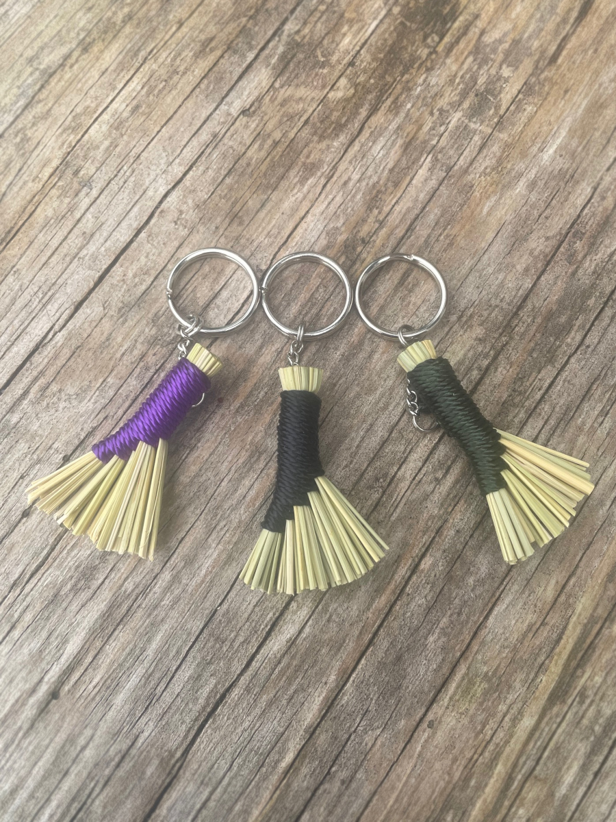 Handmade Mini Hen Wing Broom Keychain, Silver Tone