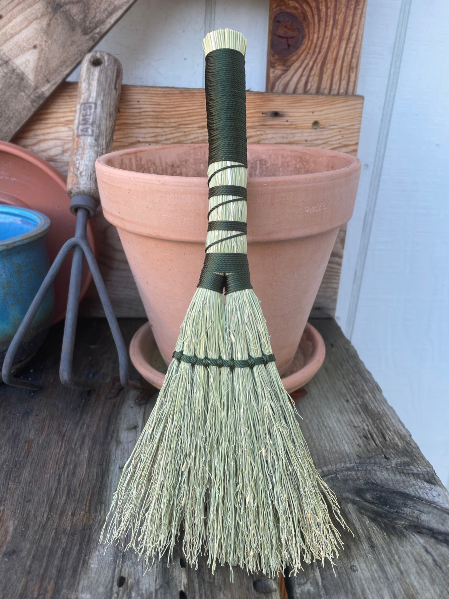 Handmade Double Base Hand Broom 11", Forest Green Handle with Suede Leather Hanging Loop - Image 2