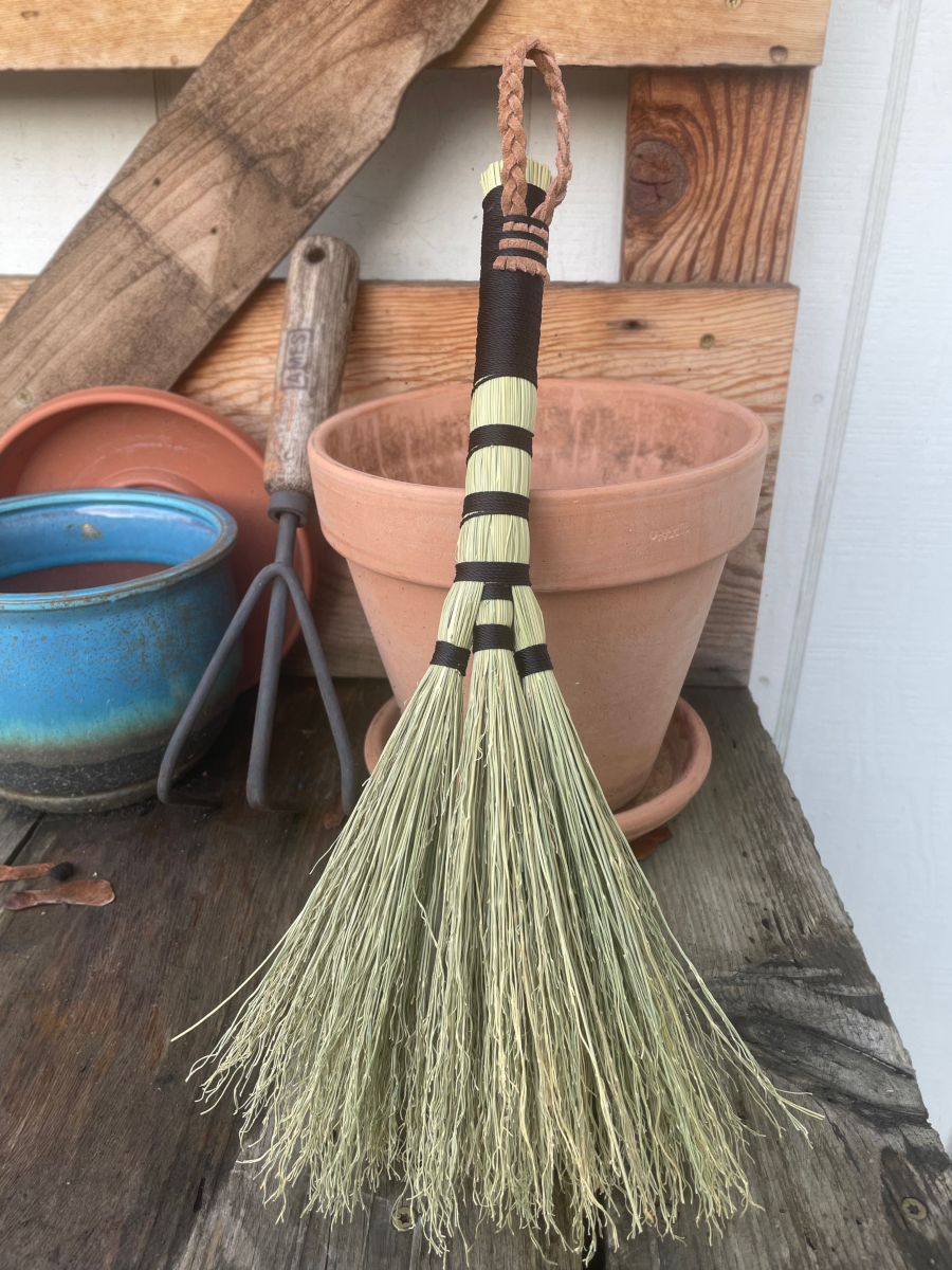 Handmade Triple Base Hand Broom with Black Handle, Braided Suede Leather Loop - Image 3