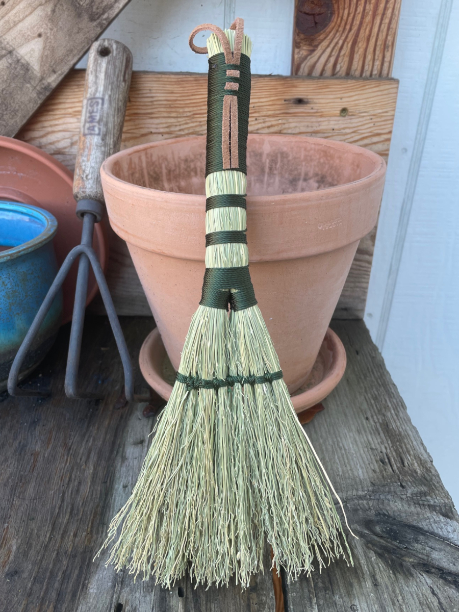Handmade Double Base Hand Broom 11", Forest Green Handle with Suede Leather Hanging Loop - Image 3