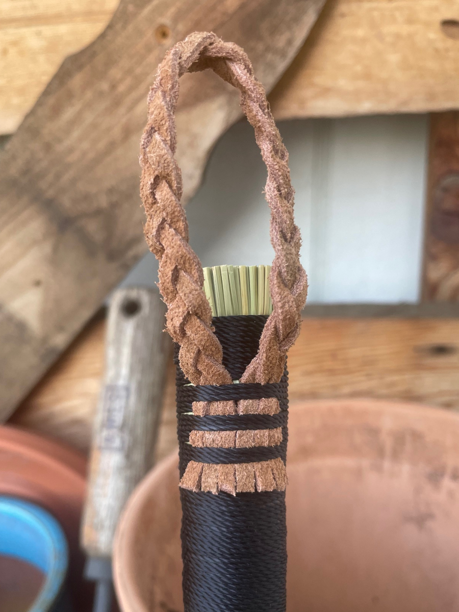 Handmade Triple Base Hand Broom with Black Handle, Braided Suede Leather Loop - Image 4