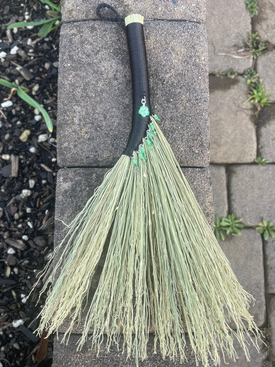 Handmade Hen Wing 12" Hand Broom with Black Handle, UG Star Charm and Double Loop - Image 4