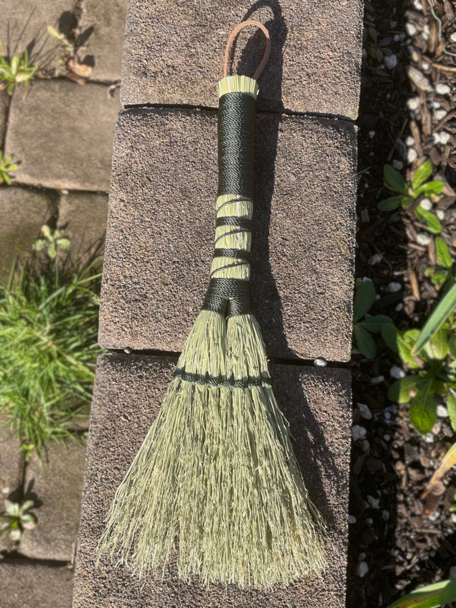 Handmade Double Base Hand Broom 11", Forest Green Handle with Suede Leather Hanging Loop - Image 4