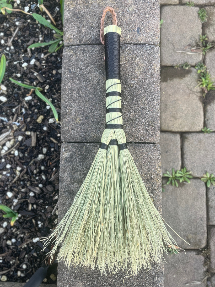 Handmade Triple Base Hand Broom with Black Handle, Braided Suede Leather Loop - Image 5