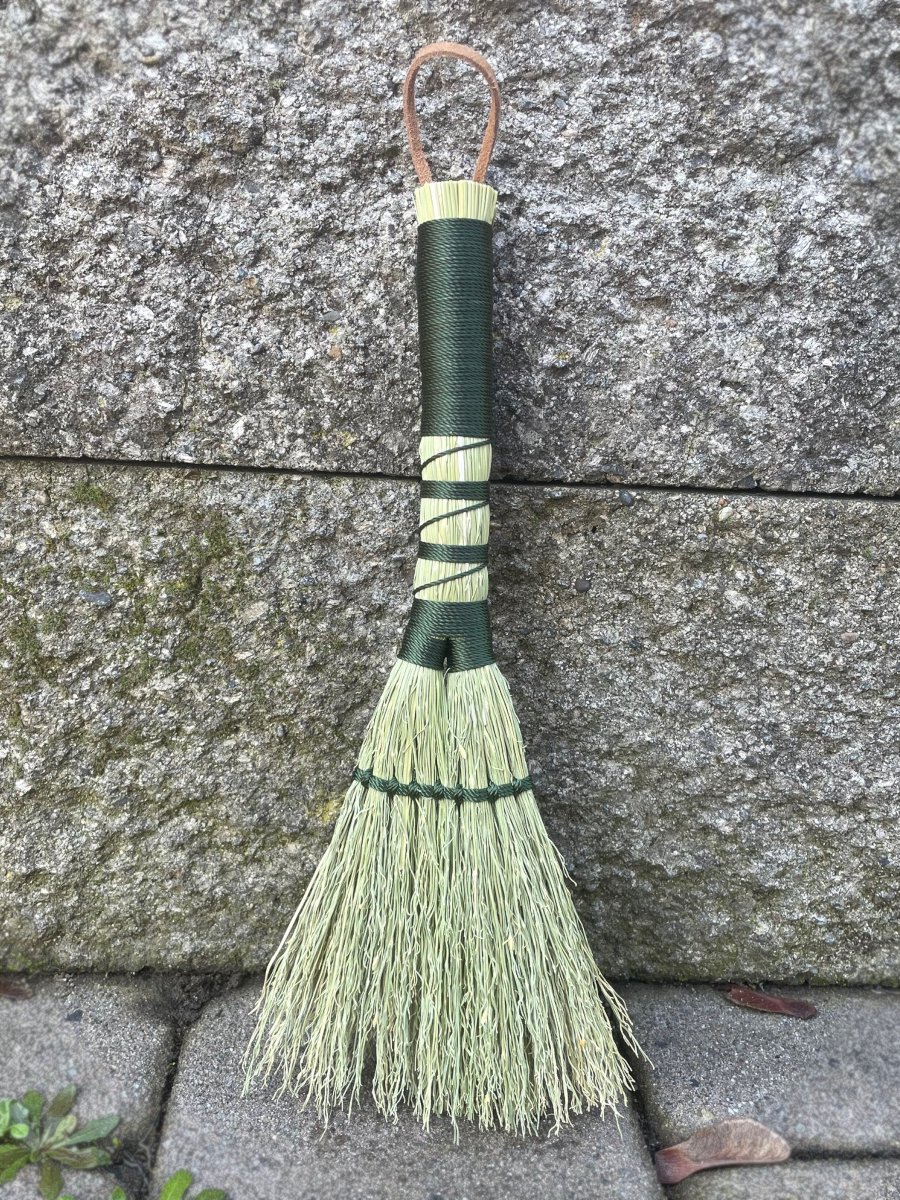 Handmade Double Base Hand Broom 11", Forest Green Handle with Suede Leather Hanging Loop