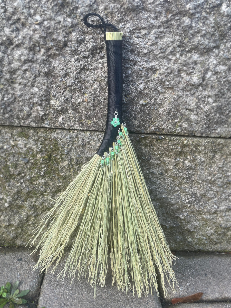 Handmade Hen Wing 12" Hand Broom with Black Handle, UG Star Charm and Double Loop