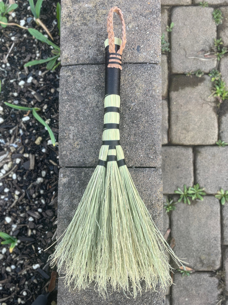 Handmade Triple Base Hand Broom with Black Handle, Braided Suede Leather Loop - Image 6
