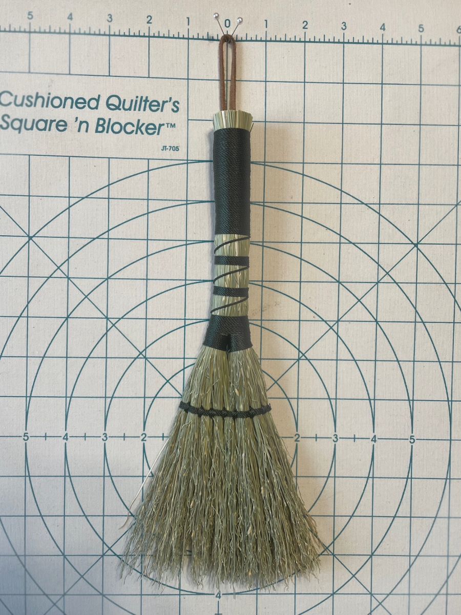 Handmade Double Base Hand Broom 11", Forest Green Handle with Suede Leather Hanging Loop - Image 5