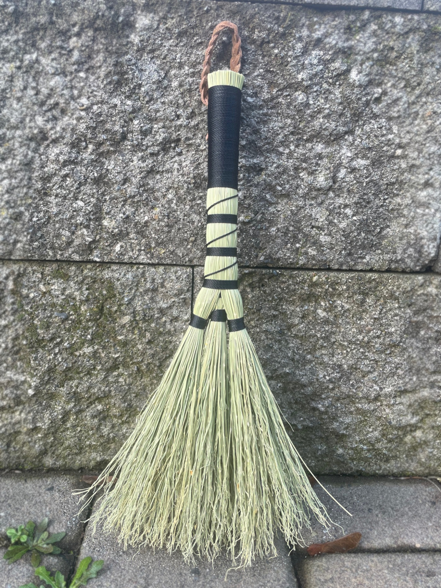 Handmade Triple Base Hand Broom with Black Handle, Braided Suede Leather Loop