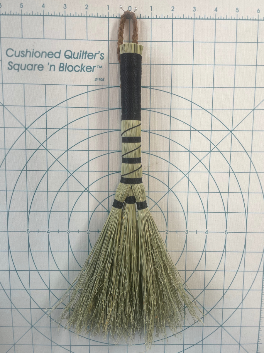 Handmade Triple Base Hand Broom with Black Handle, Braided Suede Leather Loop - Image 7