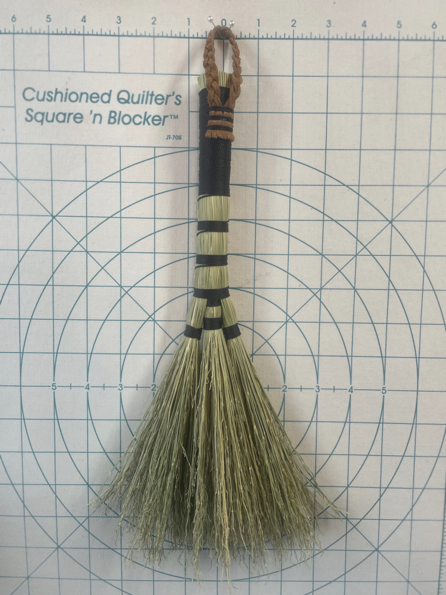 Handmade Triple Base Hand Broom with Black Handle, Braided Suede Leather Loop - Image 8