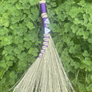 Handmade Turkey Wing 13" Broom with Purple Handle, Shell Buttons