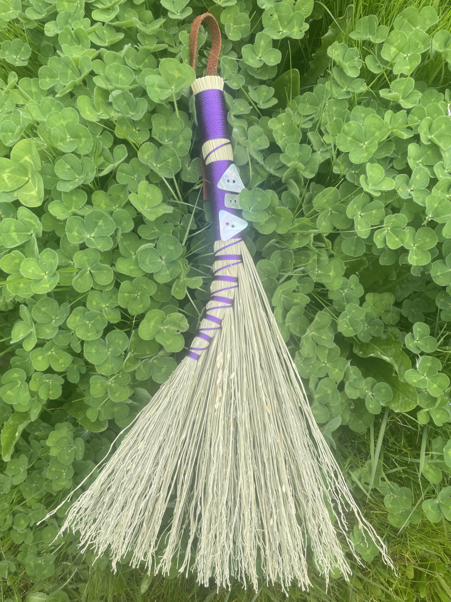 Handmade Turkey Wing 13" Broom with Purple Handle, Shell Buttons