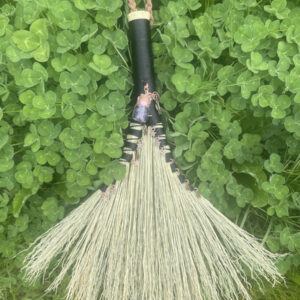 Handmade Double Turkey Wing 13" Hand Broom with Black Handle, Amethyst Jar Pendant and Copper Stars