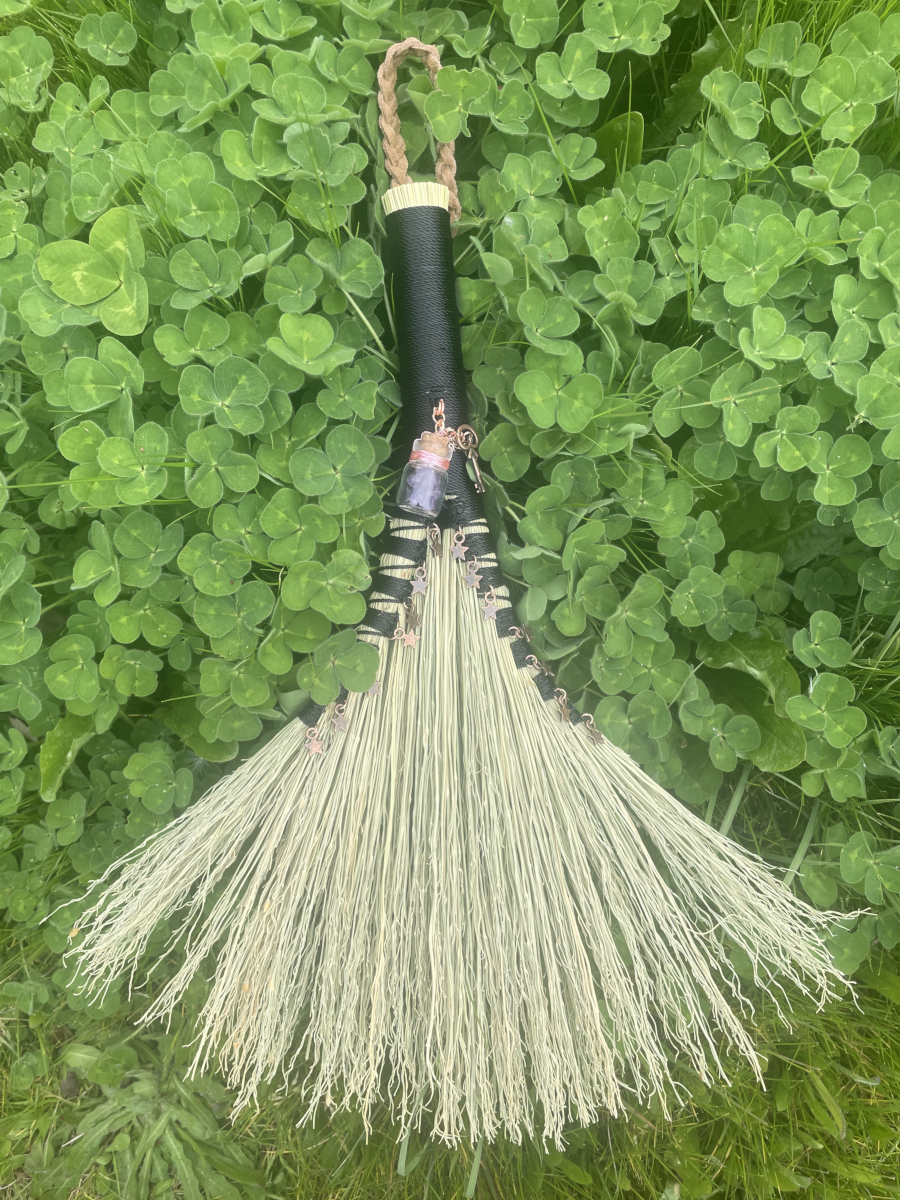 Handmade Double Turkey Wing 13" Hand Broom with Black Handle, Amethyst Jar Pendant and Copper Stars
