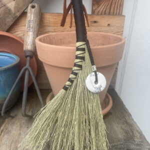 Handmade Turkey Wing 12" Broom with Black Handle, Howlite Doughnut Pendant and Suede Loop