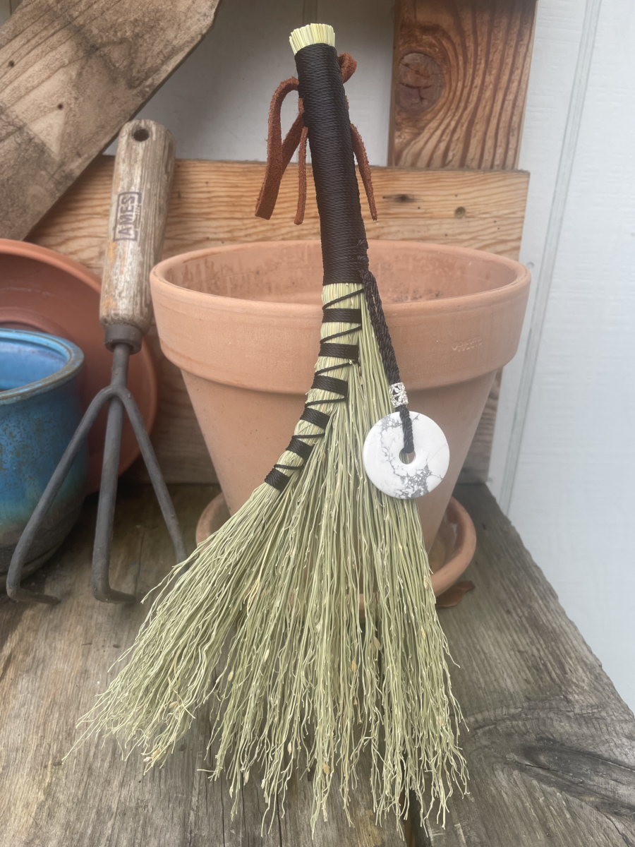 Handmade Turkey Wing 12" Broom with Black Handle, Howlite Doughnut Pendant and Suede Loop