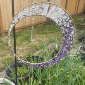 Handmade Moon Crystal Chip Suncatcher, Amethyst Fluorite and Clear Quartz