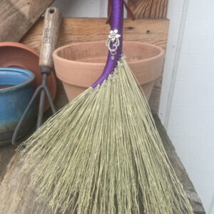 Handmade Hen Wing 14" Broom with Purple Handle, Silver Tone Flower Charm
