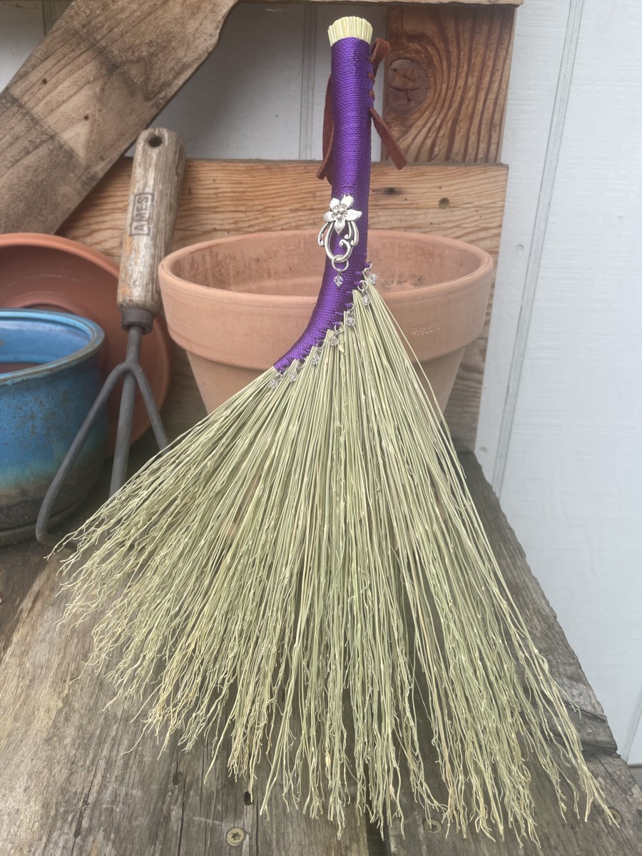 Handmade Hen Wing 14" Broom with Purple Handle, Silver Tone Flower Charm