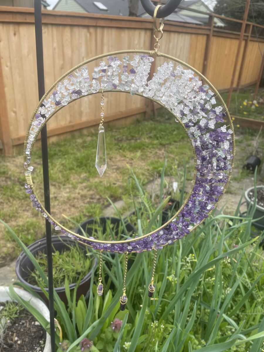 Handmade Moon Crystal Chip Suncatcher, Amethyst Fluorite and Clear Quartz