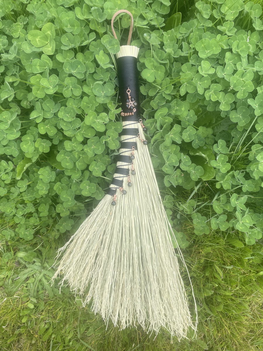 Handmade Turkey Wing Hand Broom 16", Black Handle with Obsidian and Copper Accents