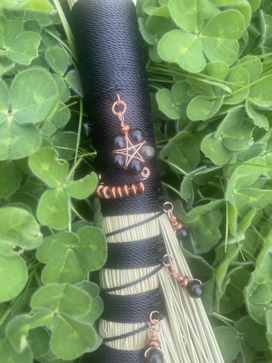 Handmade Turkey Wing Hand Broom 16", Black Handle with Obsidian and Copper Accents - Image 2