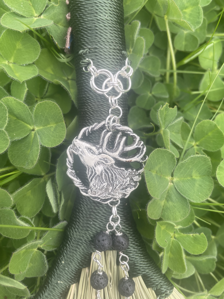 Handmade Double Hen Wing 11" Hand Broom with Green Handle, White Stag Pendant and Lava Rock Chain - Image 2