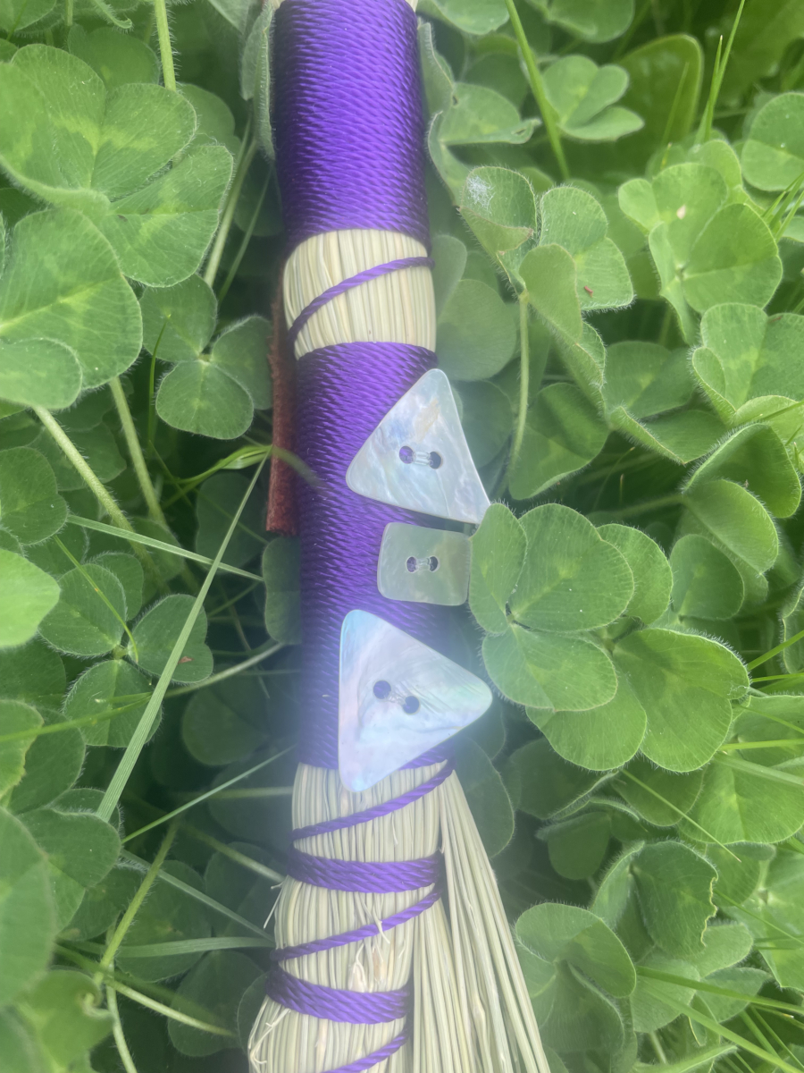 Handmade Turkey Wing 13" Broom with Purple Handle, Shell Buttons - Image 2