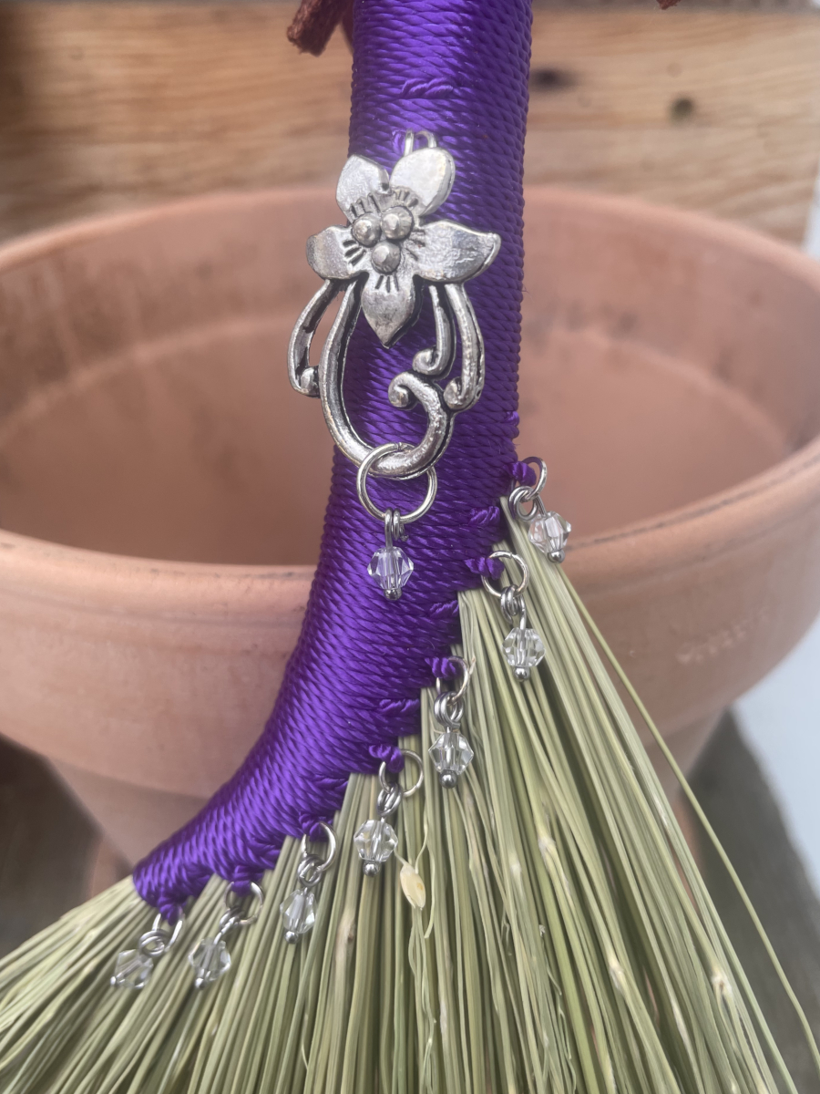 Handmade Hen Wing 14" Broom with Purple Handle, Silver Tone Flower Charm - Image 2