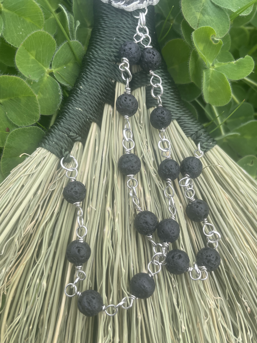Handmade Double Hen Wing 11" Hand Broom with Green Handle, White Stag Pendant and Lava Rock Chain - Image 3