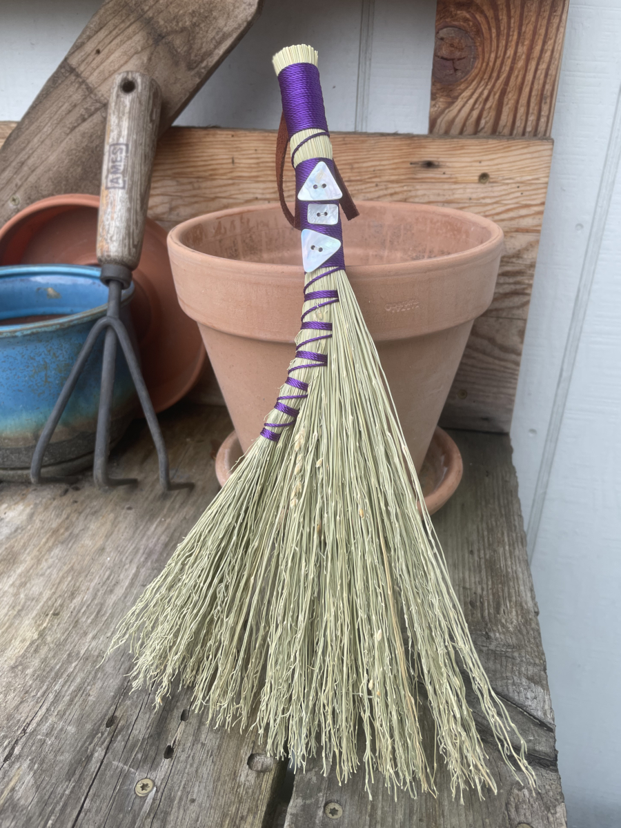 Handmade Turkey Wing 13" Broom with Purple Handle, Shell Buttons - Image 3