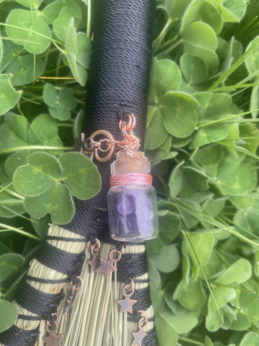 Handmade Double Turkey Wing 13" Hand Broom with Black Handle, Amethyst Jar Pendant and Copper Stars - Image 2