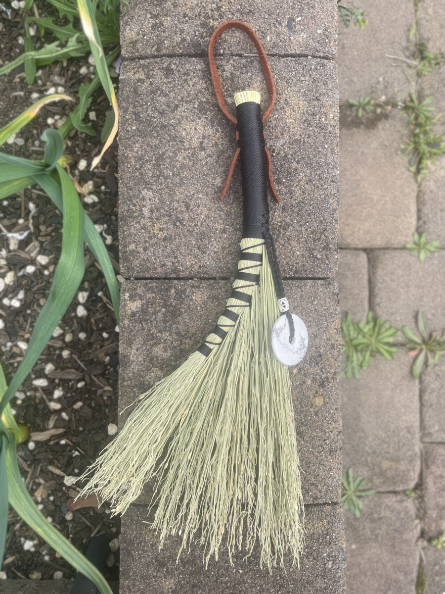 Handmade Turkey Wing 12" Broom with Black Handle, Howlite Doughnut Pendant and Suede Loop - Image 3
