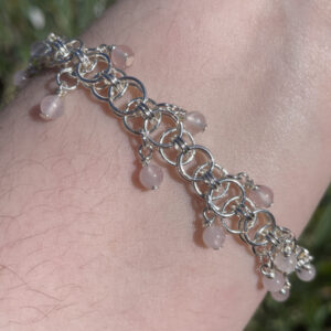 Silver Tone Chainmail Bracelet with Rose Quartz Charms