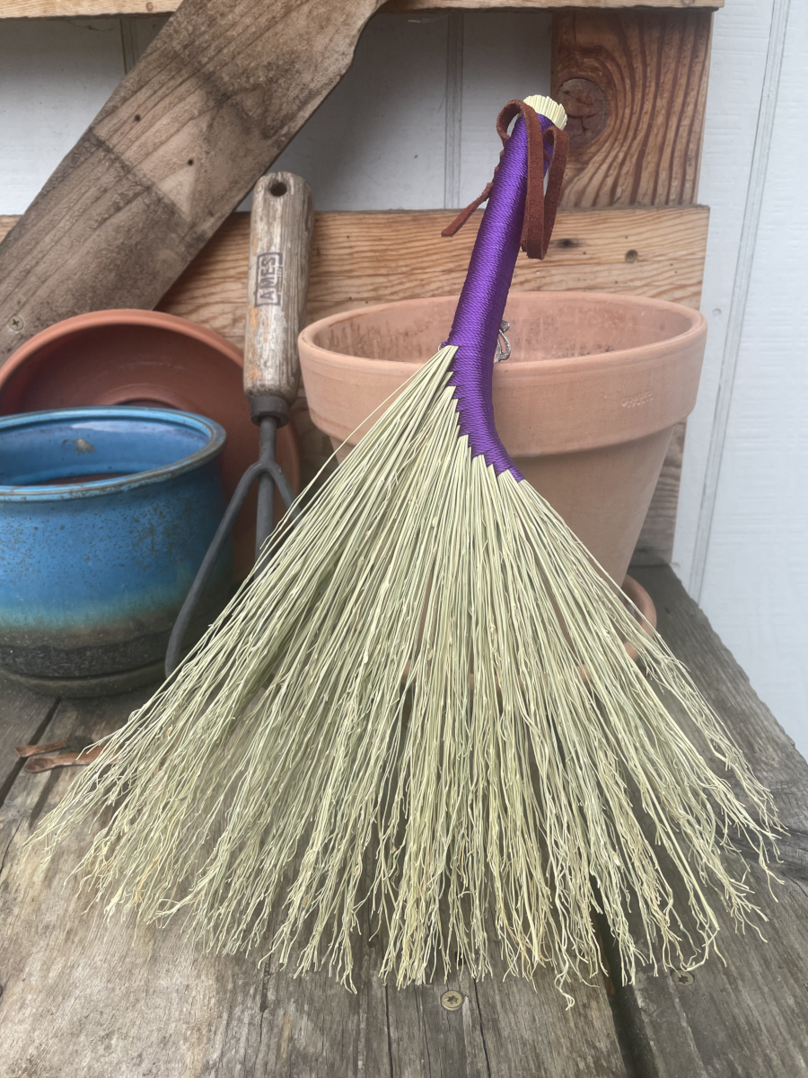 Handmade Hen Wing 14" Broom with Purple Handle, Silver Tone Flower Charm - Image 3