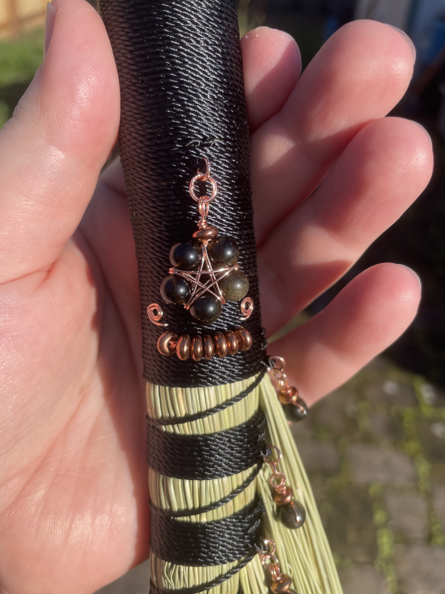 Handmade Turkey Wing Hand Broom 16", Black Handle with Obsidian and Copper Accents - Image 5