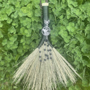 Handmade Double Hen Wing 11" Hand Broom with Green Handle, White Stag Pendant and Lava Rock Chain