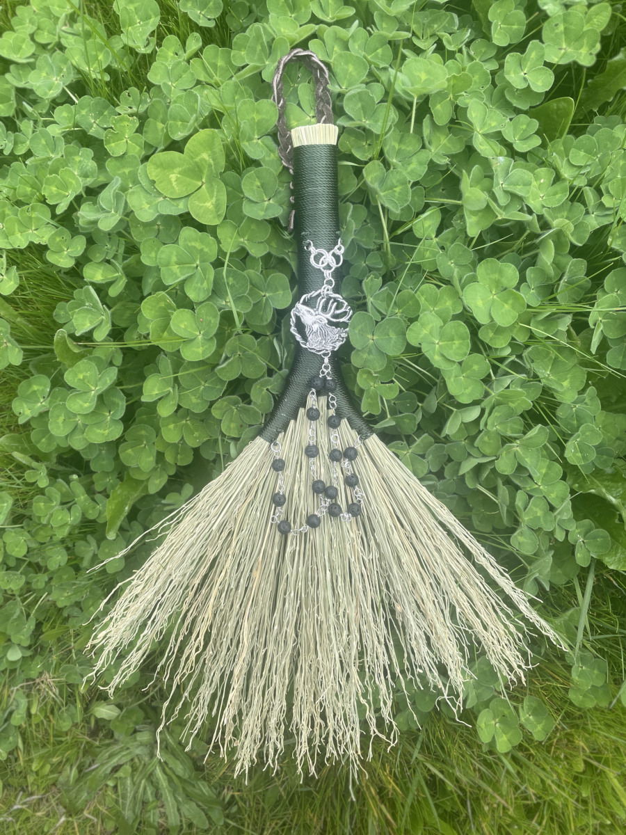 Handmade Double Hen Wing 11" Hand Broom with Green Handle, White Stag Pendant and Lava Rock Chain