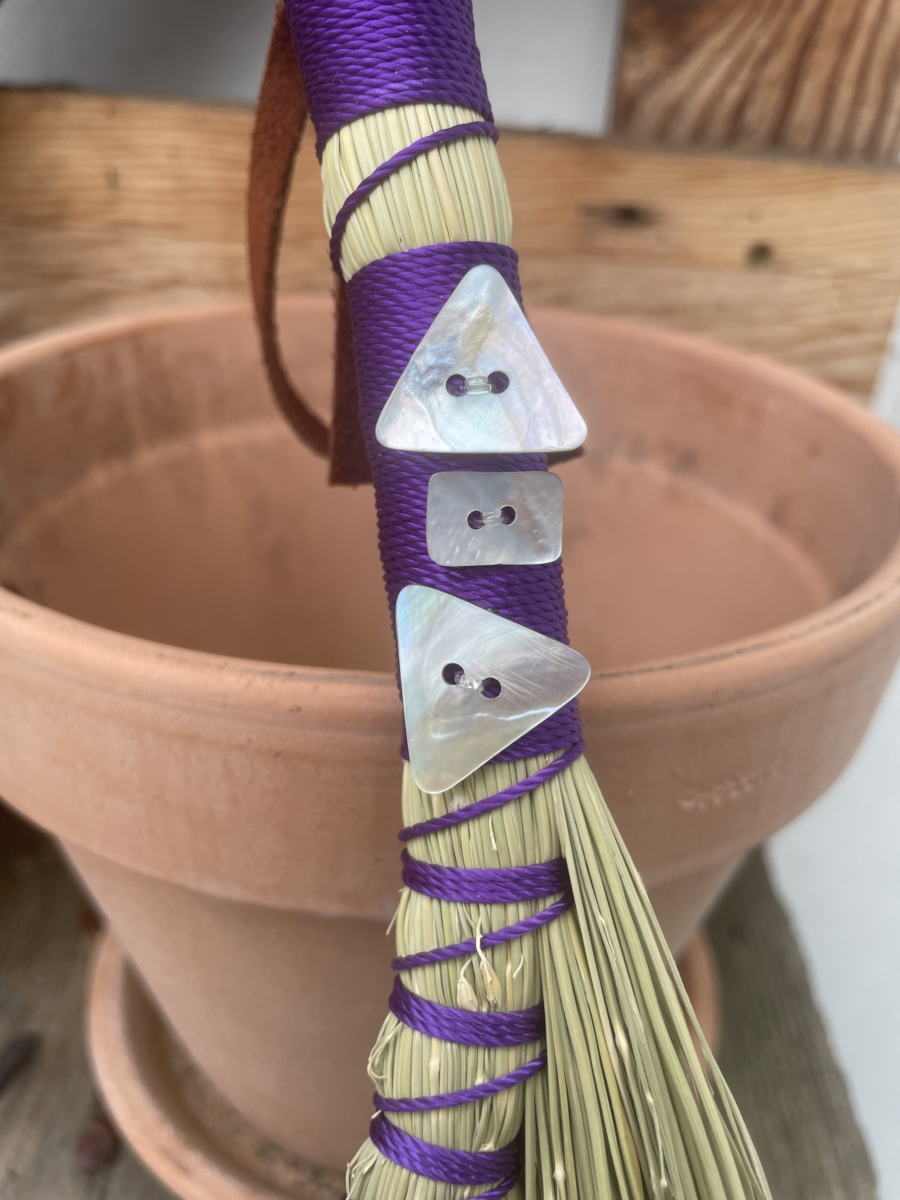 Handmade Turkey Wing 13" Broom with Purple Handle, Shell Buttons - Image 4
