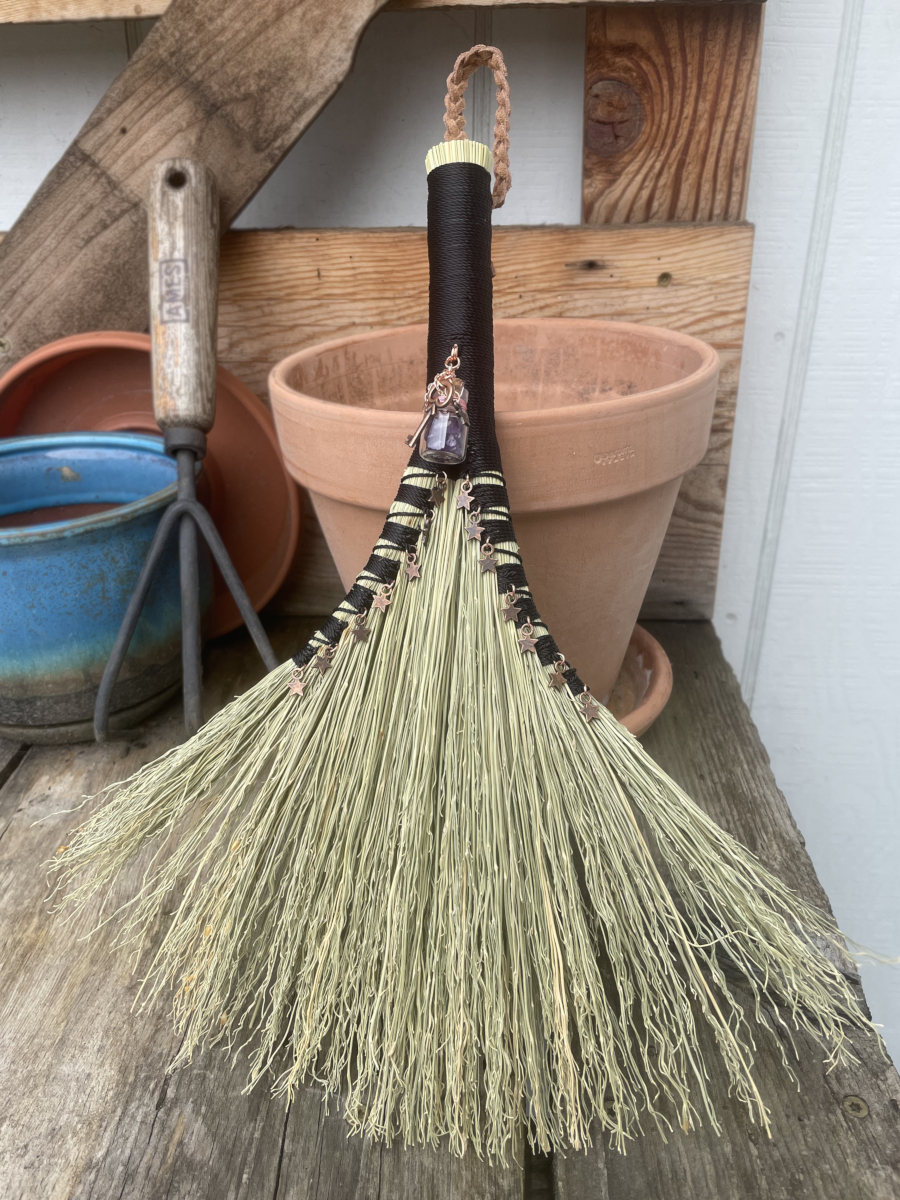 Handmade Double Turkey Wing 13" Hand Broom with Black Handle, Amethyst Jar Pendant and Copper Stars - Image 3