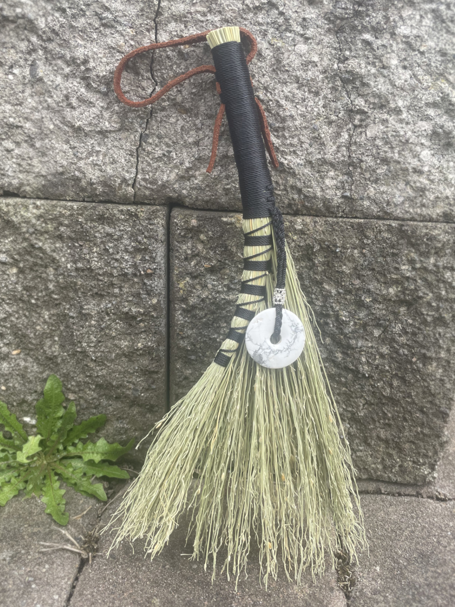 Handmade Turkey Wing 12" Broom with Black Handle, Howlite Doughnut Pendant and Suede Loop - Image 4